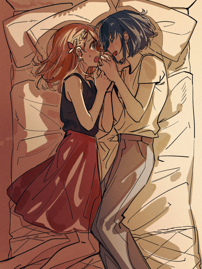 2girls, black_shirt, blue_hair, blush, braid, brown_hair, commentary, film_grain, grey_pants, hair_ribbon, hanasato_minori, highres, holding_hands, kani_(kaniya), kiritani_haruka, laughing, long_hair, lying, multiple_girls, on_bed, on_side, open_mouth, orange_skirt, pants, pillow, project_sekai, ribbon, shirt, shirt_tucked_in, short_hair, short_sleeves, side_braid, skirt, sleeveless, sleeveless_shirt, sweatdrop, tearing_up, teeth, upper_teeth_only, white_shirt, yuri