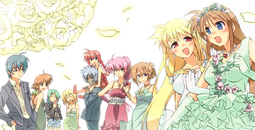 blonde_hair, blue_eyes, braid, bridal_veil, bride, brown_hair, character_request, chrono_harlaown