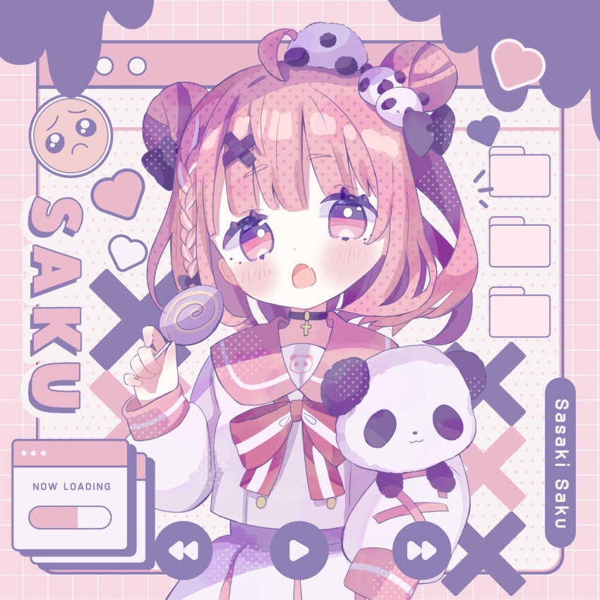 1girl, ahoge, black_choker, candy, choker, double_bun, emoji, fang