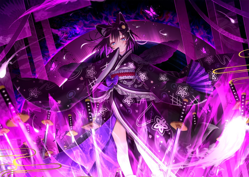 1girl, animal_ear_fluff, animal_ears, black_hair, black_kimono, blue_eyes, bug, butterfly