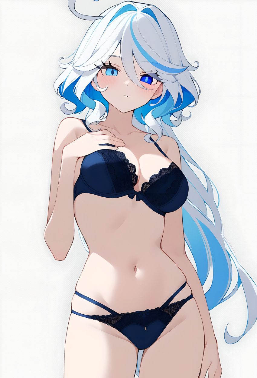1girl, absurdres, black_bow, black_panties, blue_hair, bow, breasts, closed_mouth, colored_inner_hair, furina_(genshin_impact), genshin_impact, heterochromia, highres, legs, lingerie, multicolored_eyes, multicolored_hair, navel, panties, simple_background, small_breasts, solo, solo_focus, stomach, two-tone_hair, underwear, user_wnvy5783, white_background, white_hair