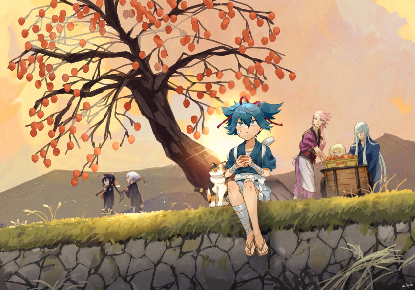 6+boys, aqua_eyes, black_hair, blonde_hair, blue_eyes, blue_hair, box, cat