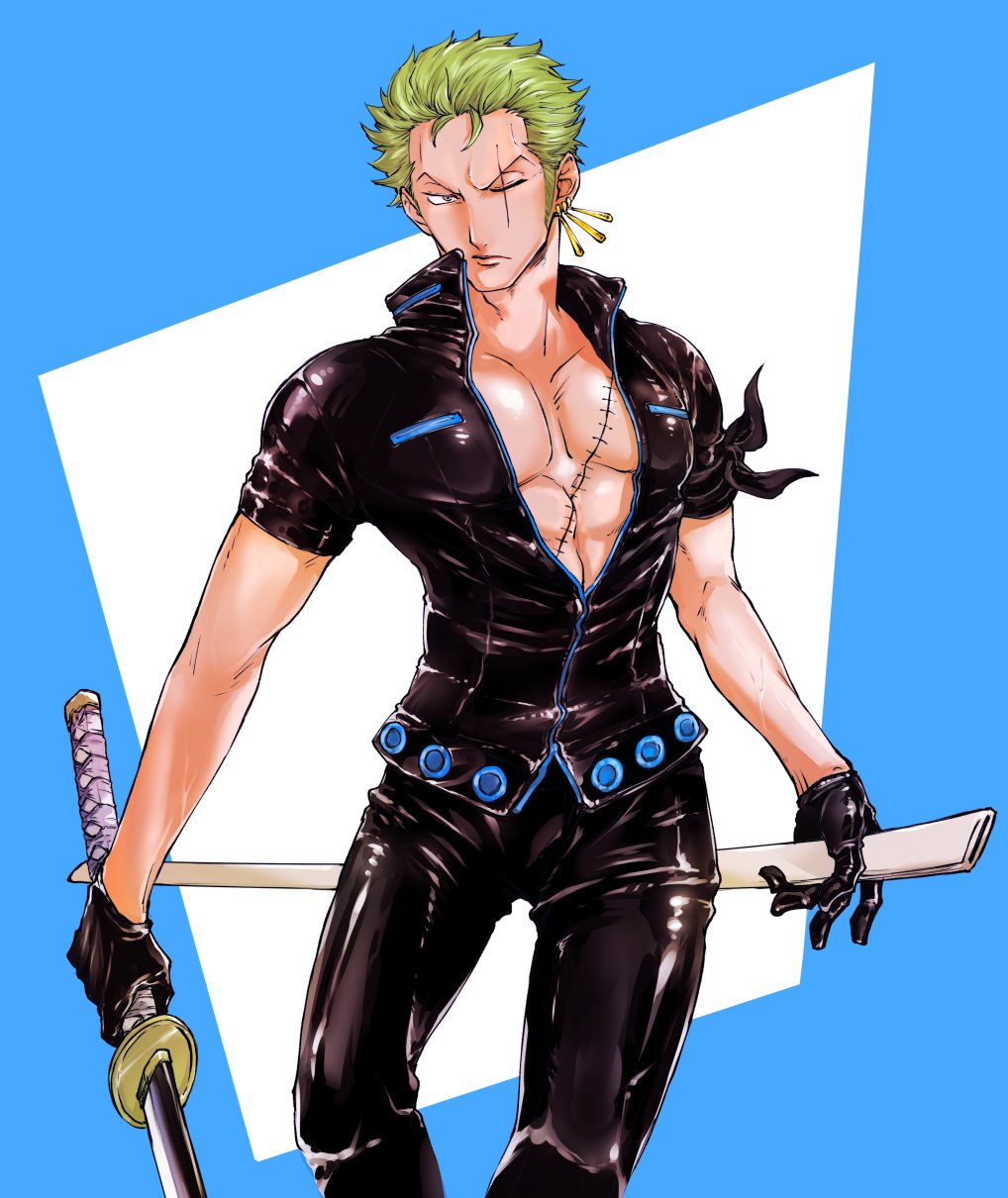 1boy, bandana_around_arm, black_gloves, black_pants, black_shirt, blue_background, commentary_request, cowboy_shot