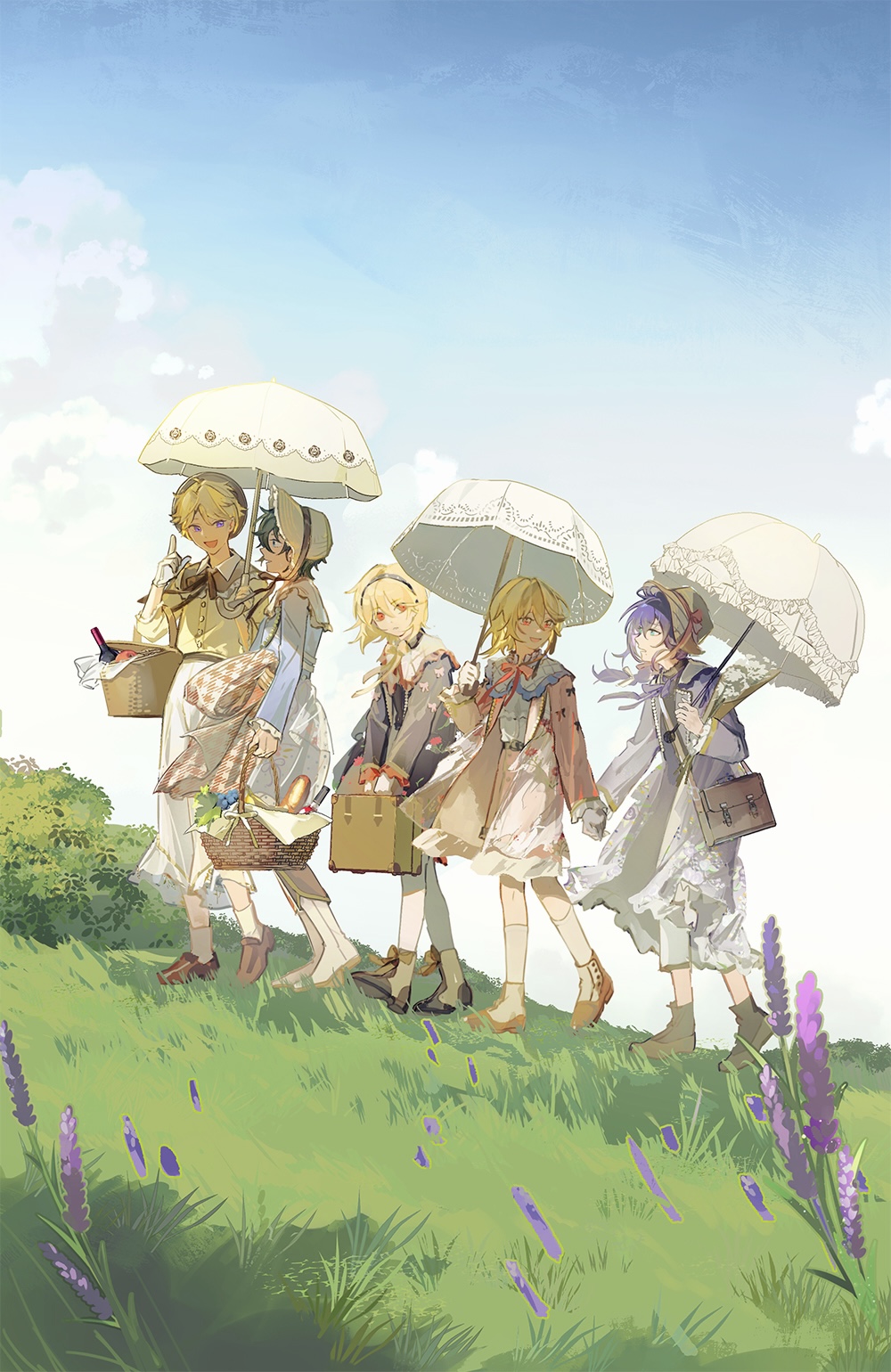 5boys, ankle_socks, anna_(avona), argyle_collar, ayase_mayoi, bag, basket, belt