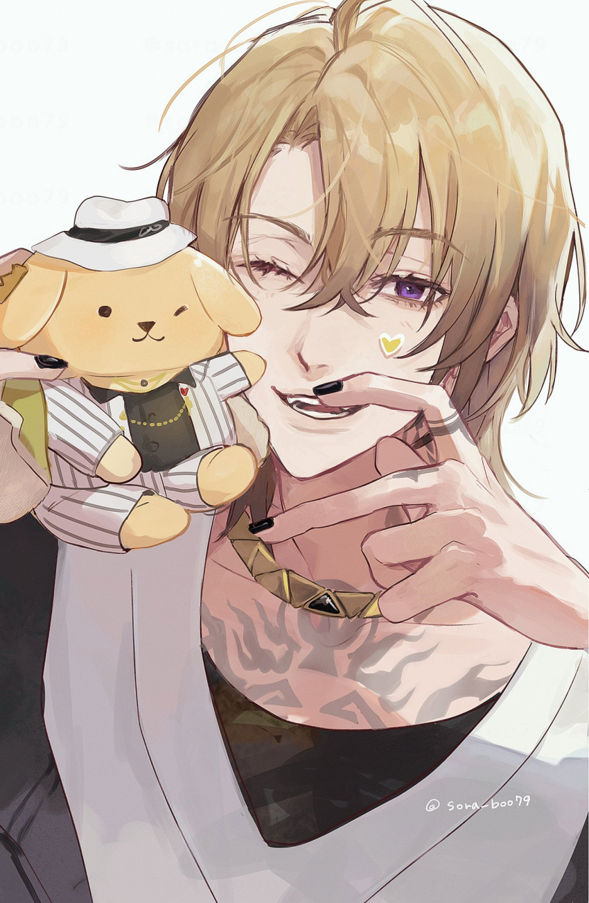 1boy, black_nails, blonde_hair, chest_tattoo, cosplay, heart_sticker, highres, jewelry