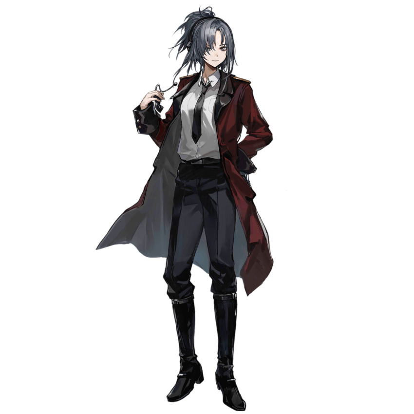 1girl, angelia_(girls'_frontline), artist_request, belt, black_footwear, black_necktie, black_pants, boots