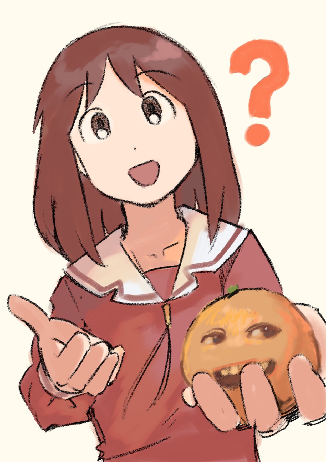1girl, ?, annoying_orange, annoying_orange_(series), azumanga_daioh, azumanga_daioh's_school_uniform, brown_eyes, brown_hair