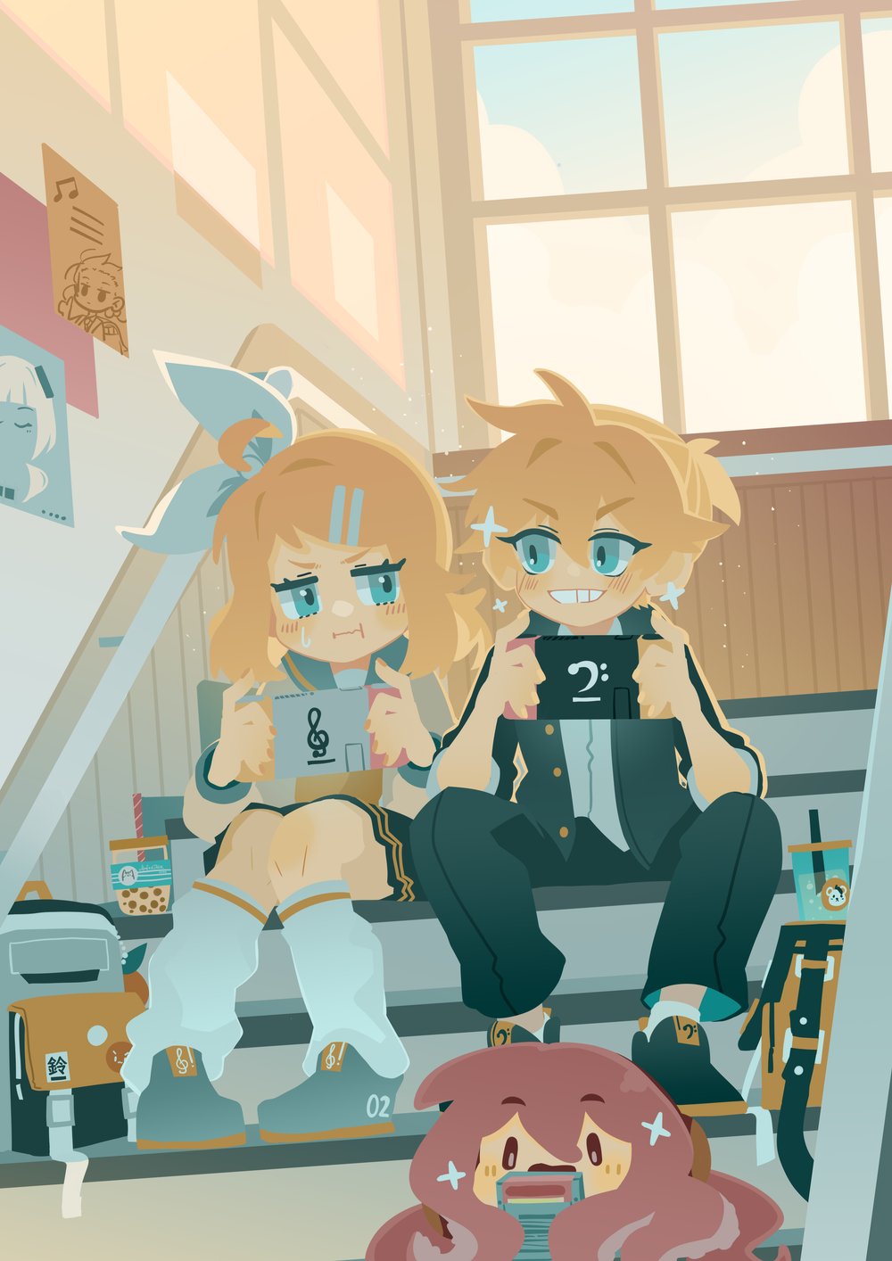 1boy, 1girl, :i, ahoge, annoyed, aqua_eyes, backpack, bag