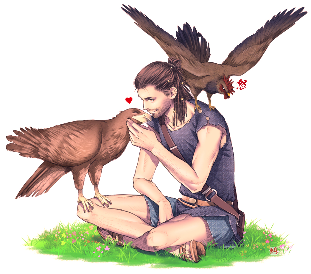 1boy, affectionate, alexios_(assassin's_creed), animal, animal_on_shoulder, assassin's_creed:_odyssey, assassin's_creed_(series), bag