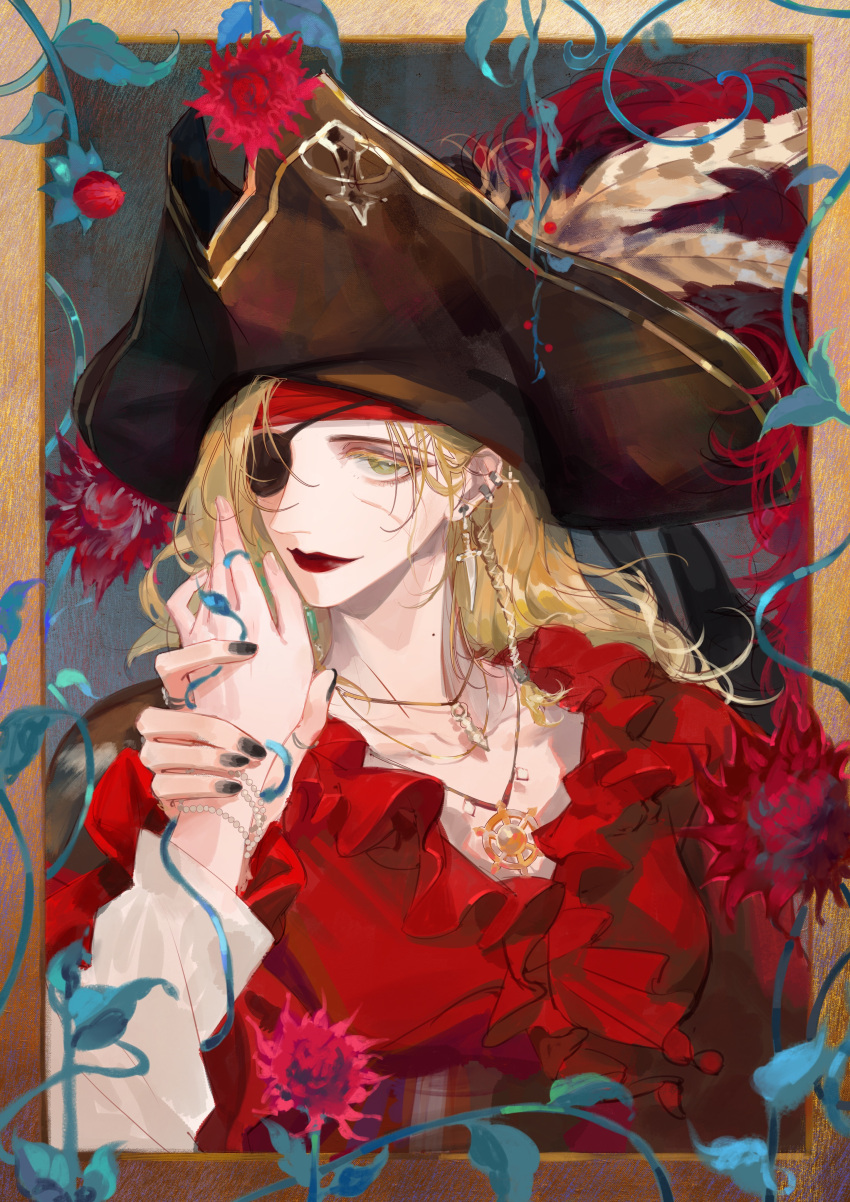 1girl, 1other, absurdres, black_headwear, black_nails, blonde_hair, blouse, border
