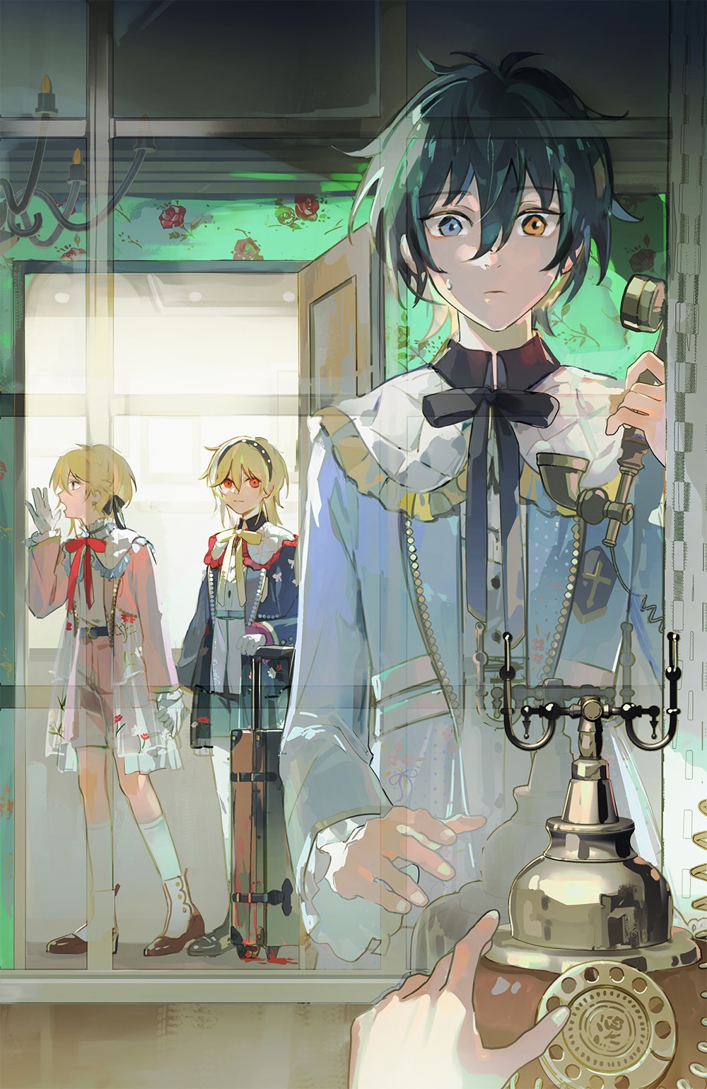 3boys, anna_(avona), antenna_hair, antique_phone, argyle_collar, belt, belt_buckle, black_belt