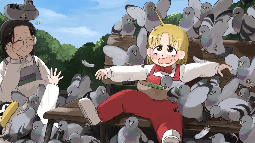 3girls, absurdres, bench, bird, black_hair, blonde_hair, bow, bowtie