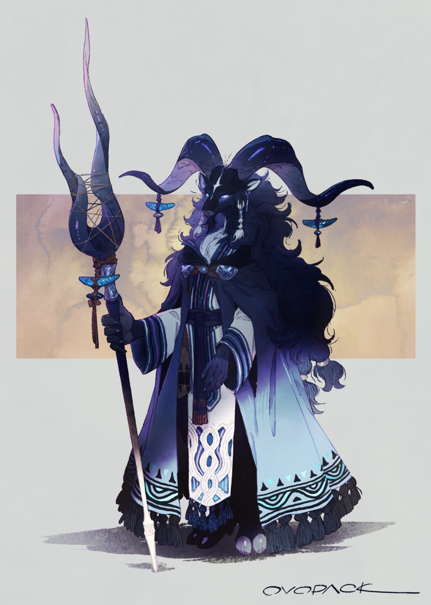 1other, androgynous, artist_name, barefoot, black_fur, blue_hair, blue_robe, blue_sash