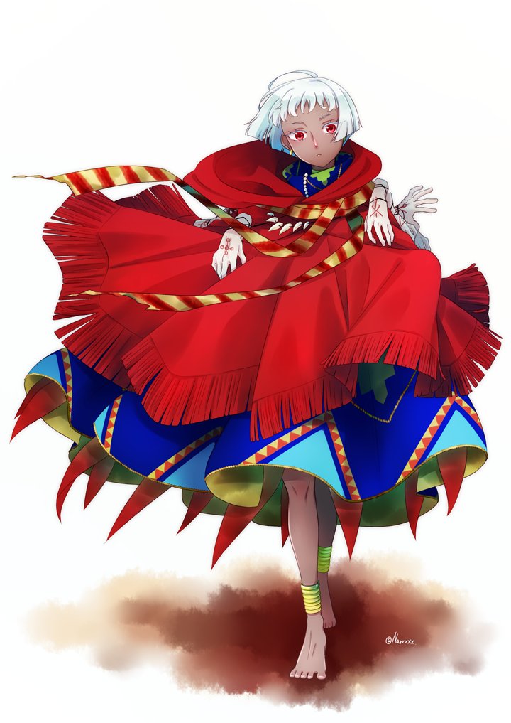 1girl, african_clothes, anklet, barefoot, blue_cloak, bone, cloak, closed_mouth