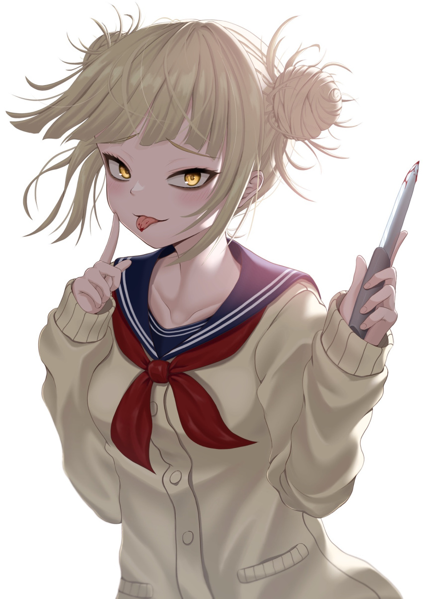 1girl, bags_under_eyes, blonde_hair, blood, blood_on_knife, blood_on_tongue, blue_sailor_collar, boku_no_hero_academia