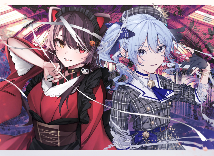 2girls, absurdres, animal_ears, belt, beret, black_gloves, black_headdress, black_nails