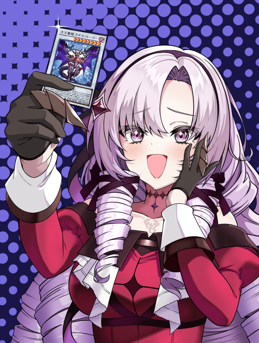 1girl, black_gloves, blush, breasts, card, chaos_ruler_the_chaotic_magical_dragon, chiro_(chirolchoco25), dress, drill_hair, gloves, hand_on_own_cheek, hand_on_own_face, headband, highres, holding, holding_card, hyakumantenbara_salome, hyakumantenbara_salome_(1st_costume), juliet_sleeves, large_breasts, long_hair, long_sleeves, nijisanji, open_mouth, puffy_sleeves, purple_hair, purple_headband, red_dress, sleeve_cuffs, smile, solo, violet_eyes, yu-gi-oh!
