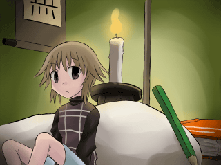 1_9_0, 1girl, blonde_hair, blue_skirt, book, brown_eyes, candle, frown, looking_to_the_side, lowres, official_art, pencil, purple_sweater, sitting, skirt, solo, sweater, urotsuki, wallpaper, wallpaper_(yume_2kki), yume_2kki