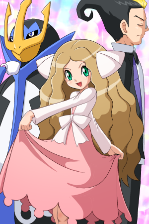1boy, 1girl, blonde_hair, bowtie, brown_hair, butler, cattleya_(pokemon), dress