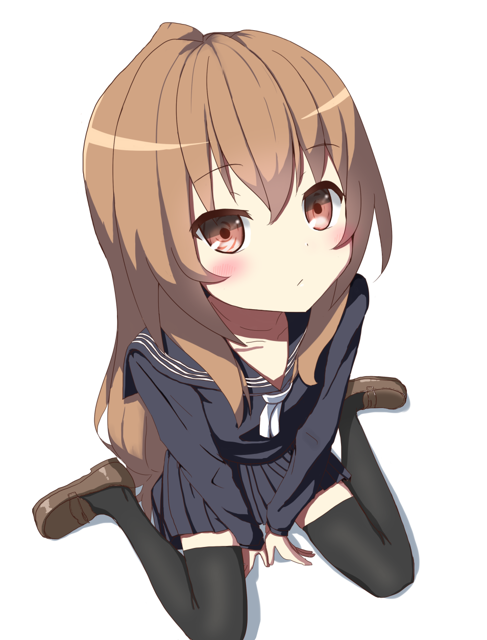 1girl, aisaka_taiga, between_legs, big_head, black_sailor_collar, black_serafuku, black_shirt, black_skirt