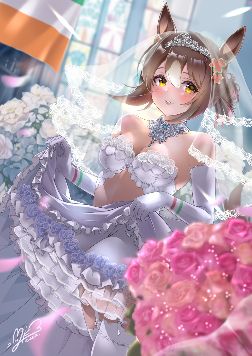 1girl, absurdres, blurry, blurry_background, breasts, bridal_veil, dress, fine_motion_(umamusume)