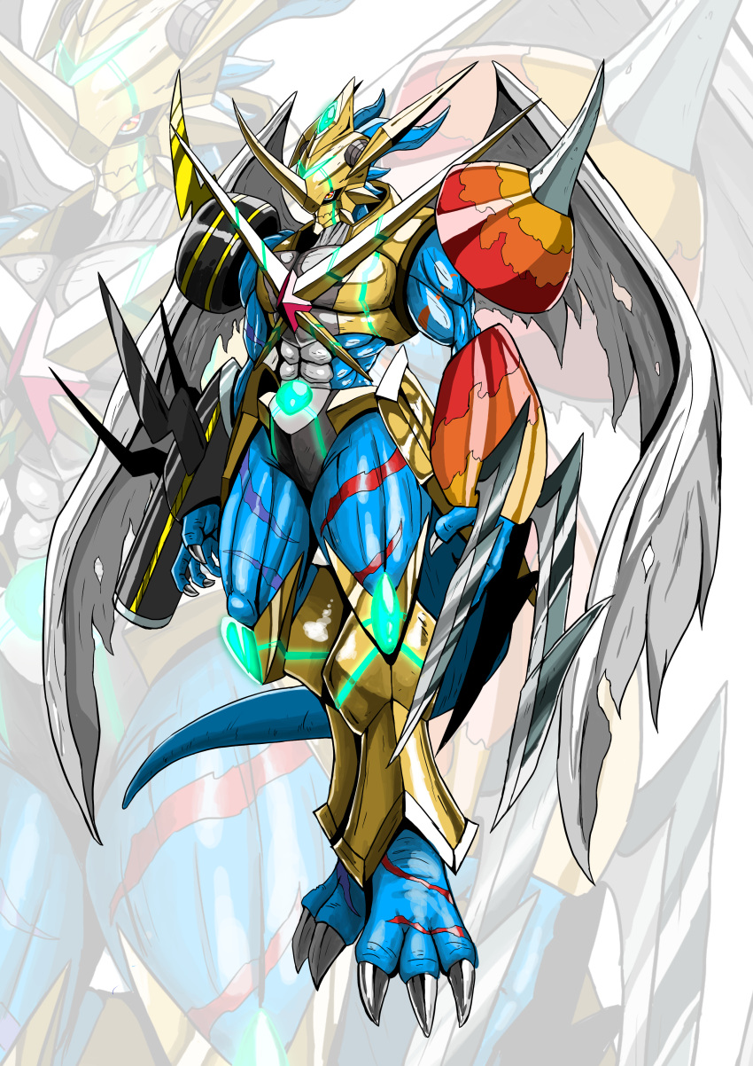 abs, absurdres, arm_blade, arm_cannon, armor, blue_skin, claws, colored_skin