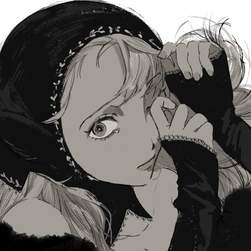 1girl, asymmetrical_bangs, bare_shoulders, closed_mouth, detached_hood, detached_sleeves, dress, dungeon_meshi, ear_covers, floating_hair, from_side, greyscale, hands_up, hashtag_only_commentary, highres, hood, hood_up, lace-trimmed_sleeves, lace_trim, long_hair, looking_at_viewer, marcille_donato, monochrome, n_5rkgk, official_alternate_costume, one_eye_closed, portrait, sideways_glance, simple_background, sleeves_past_wrists, solo, spoilers, tearing_up, tears, wiping_tears