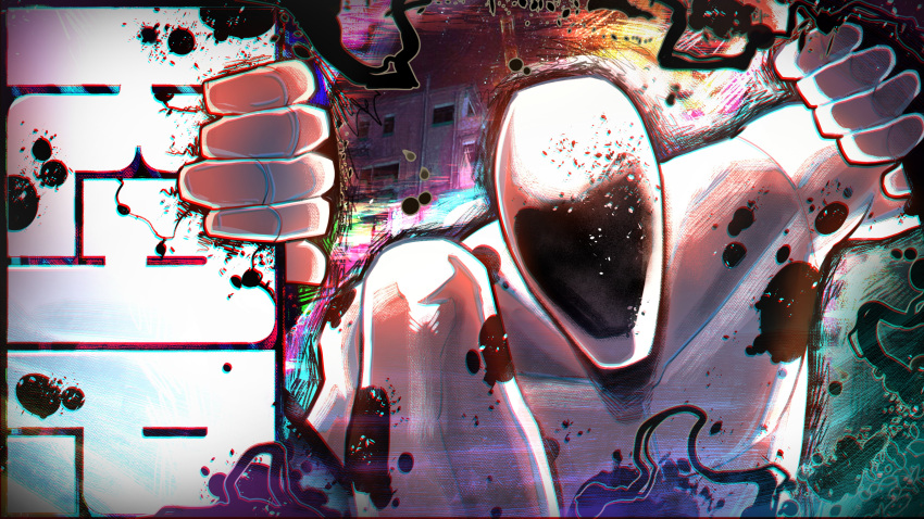 1boy, absurdres, arm_up, brush_stroke, building, chromatic_aberration, close-up, collarbone