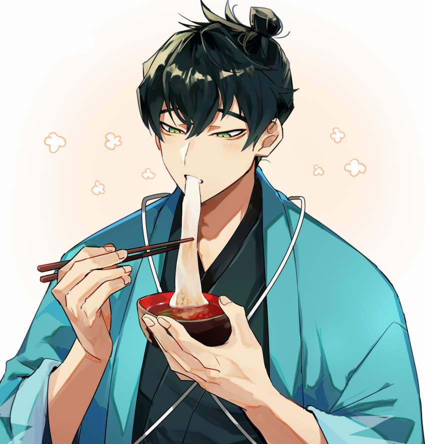 1boy, black_hair, blue_kimono, bowl, chopsticks, eating, fate/grand_order, fate_(series)