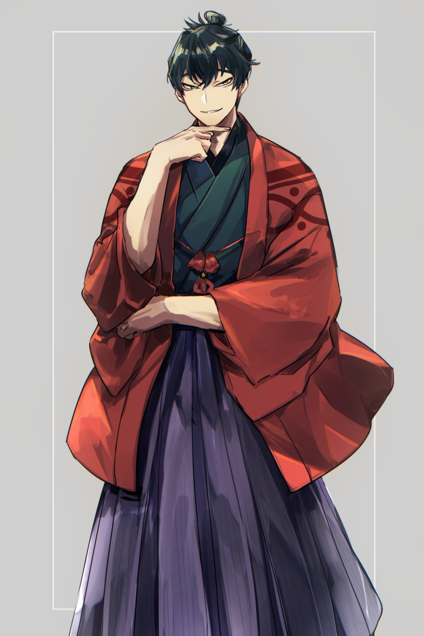 1boy, black_hair, blue_kimono, fate/grand_order, fate_(series), green_eyes, hakama, hand_up