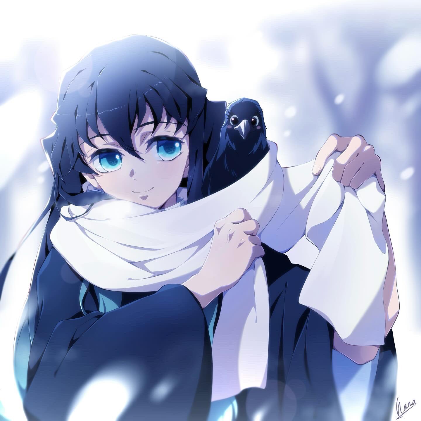 1boy, adjusting_scarf, animal, animal_on_shoulder, aqua_hair, bird, bird_on_shoulder, black_eyes
