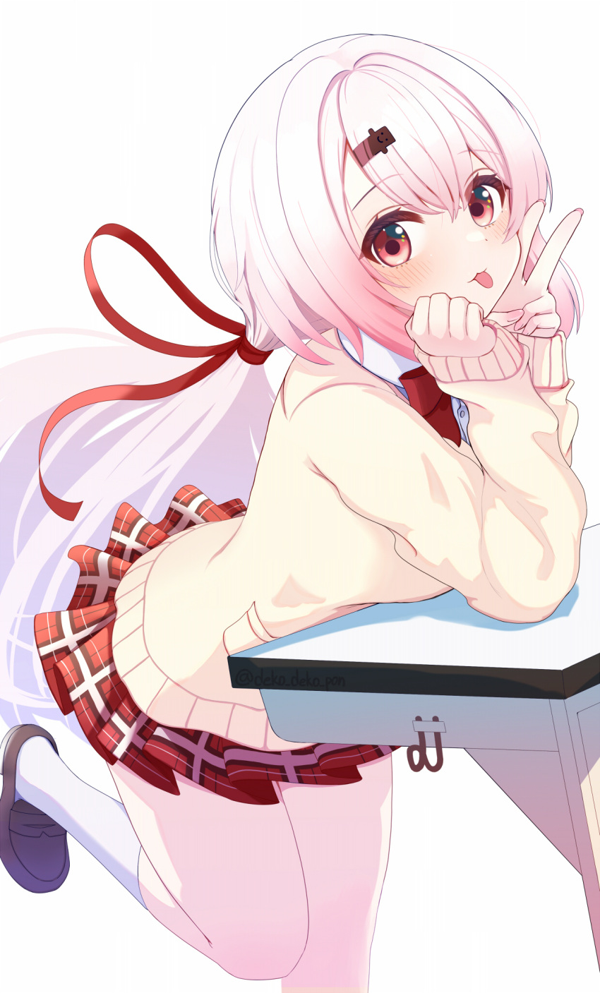 1girl, :p, banana_de_ikopon, brown_footwear, cardigan, desk, hair_ornament, hair_ribbon