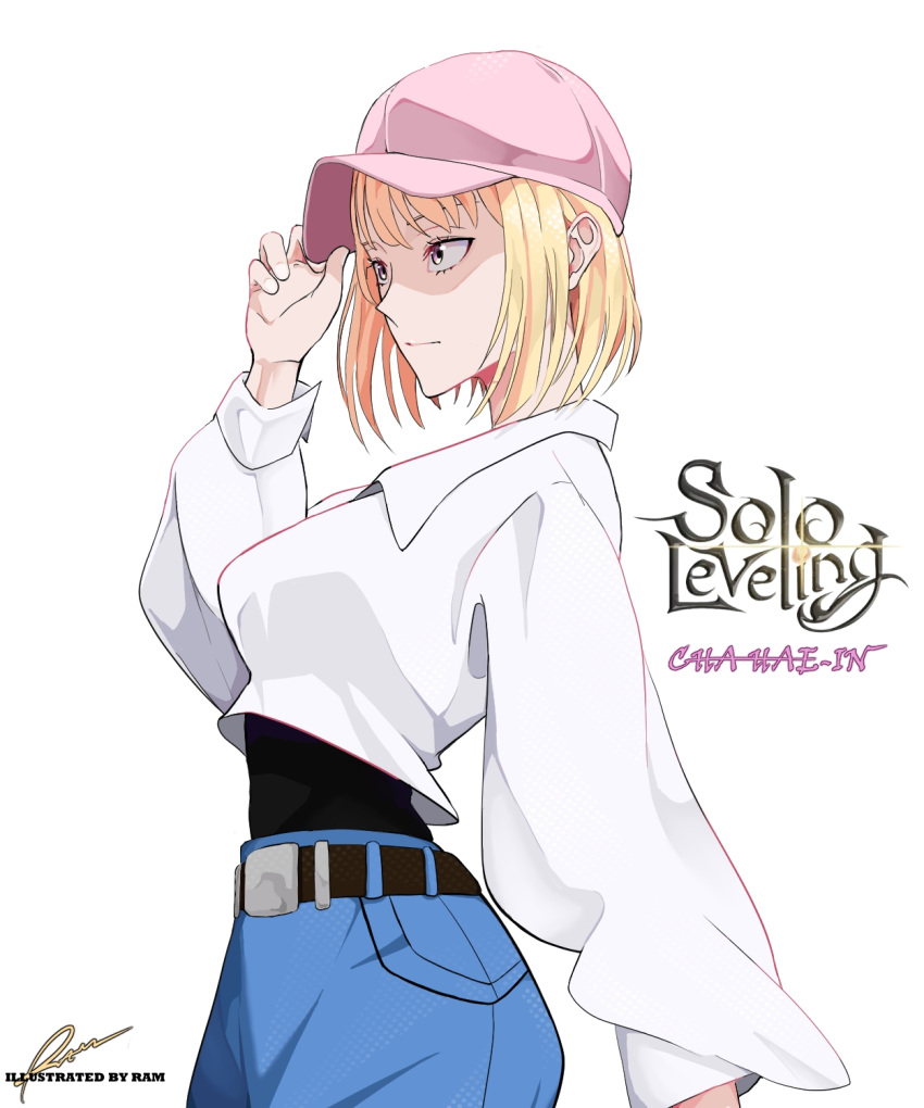 1girl, belt, black_shirt, blonde_hair, blue_pants, breasts, cha_hae-in, character_name