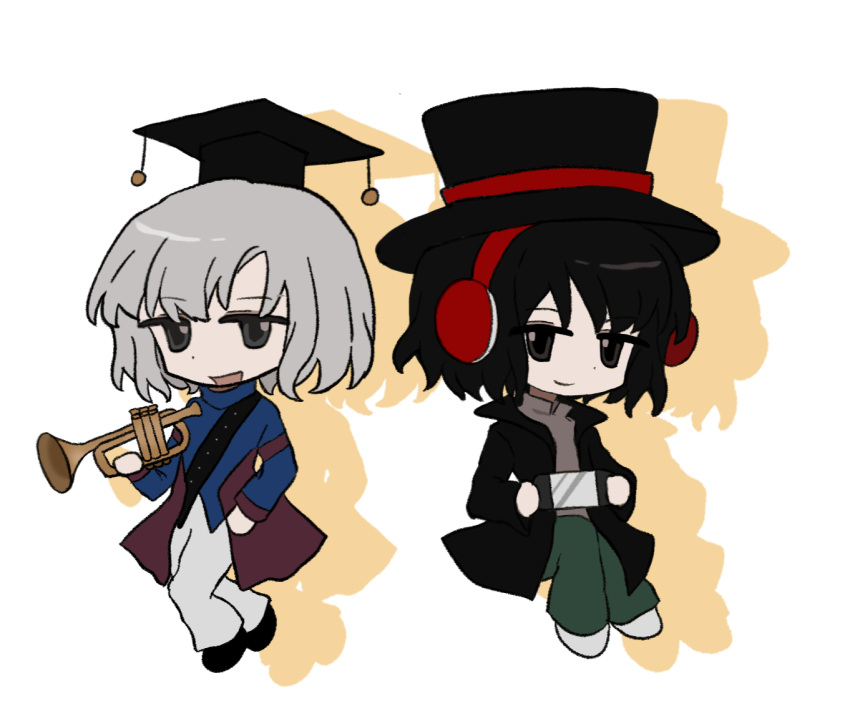 2boys, black_eyes, black_hair, black_headwear, black_jacket, blue_coat, brown_shirt, chibi