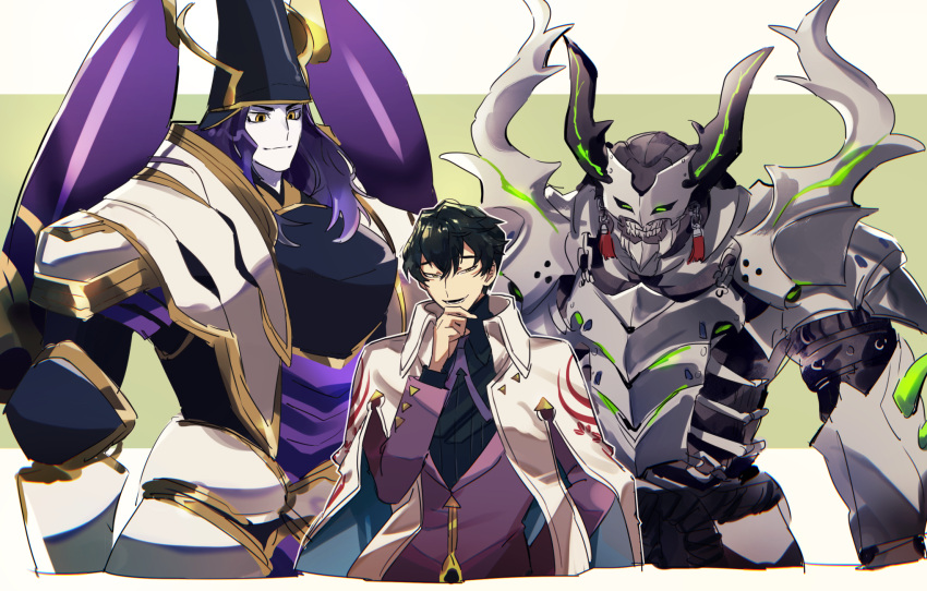 3boys, armor, black_hair, blue_headwear, blue_shirt, closed_mouth, coat, collared_shirt
