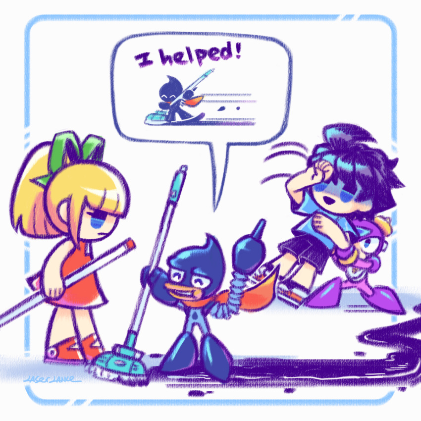 1girl, 3boys, ^_^, black_hair, black_shorts, blonde_hair, blue_eyes, blue_shirt