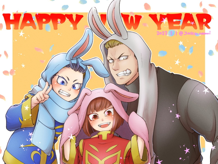 3boys, animal_ears, animal_hood, blue_eyes, bowl_cut, chinese_clothes, colored_tips, fatal_fury