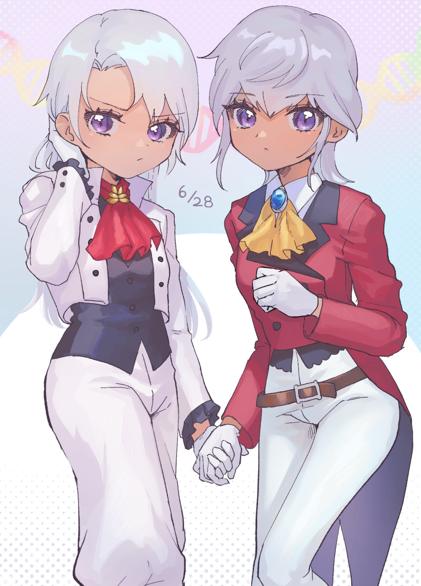 2girls, ascot, black_shirt, brooch, dark-skinned_female, dark_skin, gloves, highres