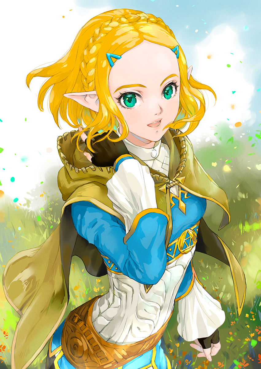 1girl, black_gloves, blonde_hair, blue_skirt, blue_sky, braid, cape, commentary_request