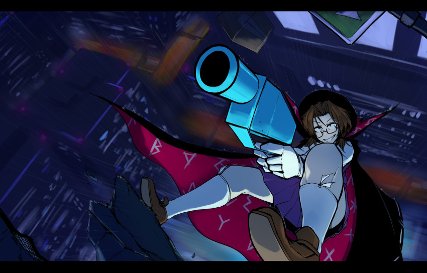 1girl, black_cape, black_headwear, brown_footwear, brown_hair, building, cape, defense_distributed_liberator