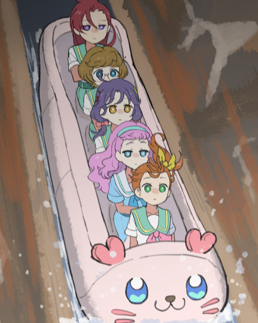 5girls, :|, amusement_park, aozora_middle_school_uniform, asymmetrical_bangs, blue_eyes, blue_hair, blue_hairband