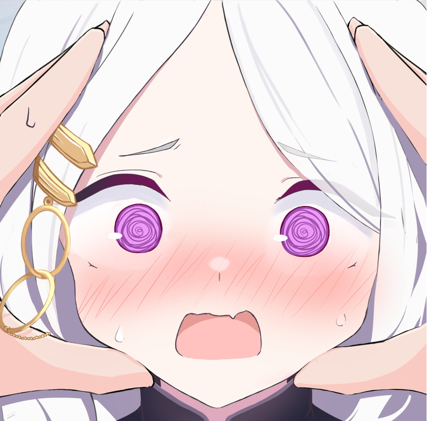 1girl, 1other, @_@, blue_archive, blush, embarrassed, genso_(gitsoone), grey_hair, highres, hina_(blue_archive), looking_at_viewer, nose_blush, out_of_frame, pink_hair, pov, pov_hands, snoot_challenge, sweatdrop