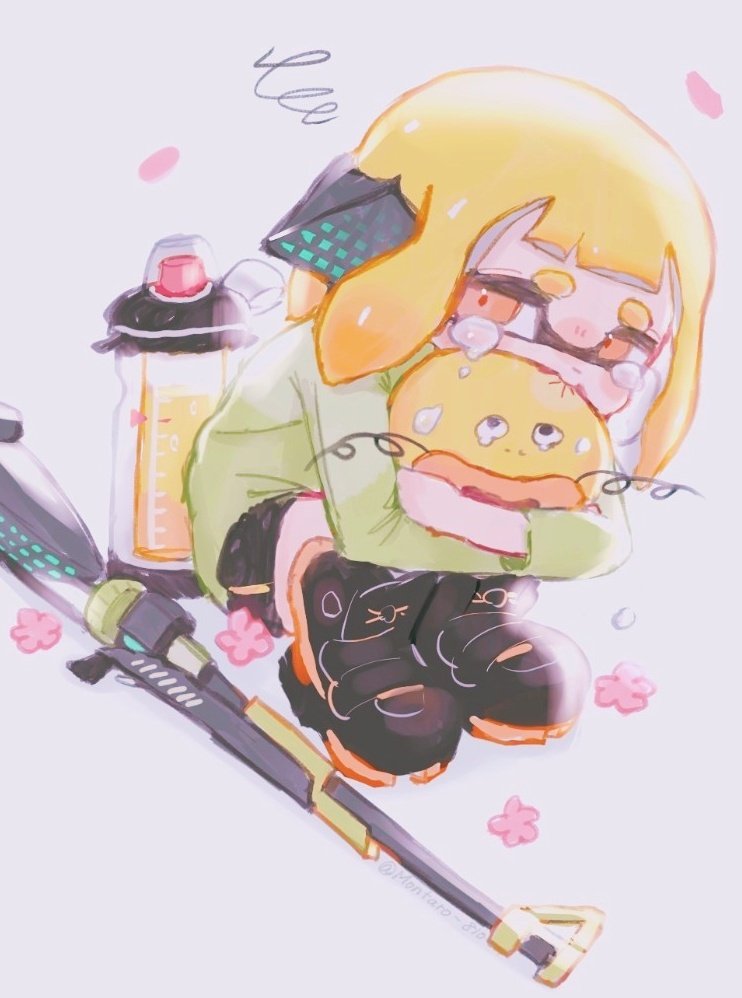 1girl, agent_3_(splatoon), blonde_hair, commentary_request, falling_petals, green_jacket, headphones, hero_charger_(splatoon)