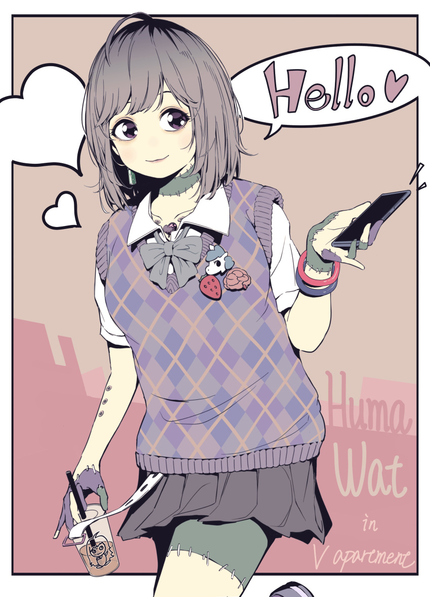 1girl, absurdres, akinosub, argyle_cardigan, blush, border, bow, bowtie