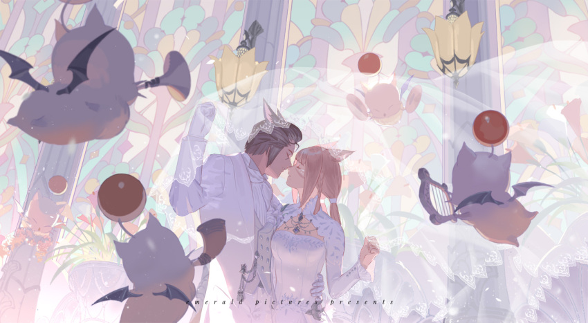 1boy, 1girl, animal_ears, arm_around_waist, bat_wings, blunt_bangs, bridal_veil, bride