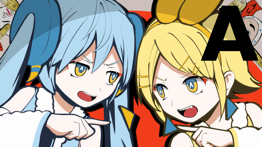 2girls, a_ja_nai_ka_(vocaloid), angry, blonde_hair, blue_eyes, blue_hair, bow_hairband, fang, furrowed_brow, hair_ornament, hairband, hairclip, hatsune_miku, highres, kagamine_rin, long_hair, looking_at_another, multiple_girls, open_mouth, pinocchio-p, pointing, pointing_at_another, portrait, short_hair, teeth, twintails, upper_teeth_only, v-shaped_eyebrows, vocaloid, yellow_eyes