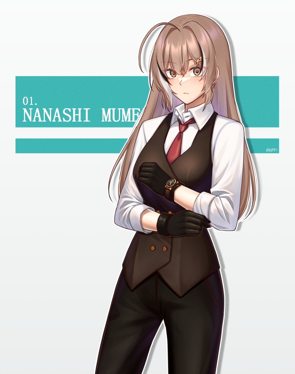 1girl, akkanen, brown_eyes, brown_hair, character_name, gloves, hair_ornament, hairclip, highres, hololive, hololive_english, long_hair, multicolored_hair, nanashi_mumei, necktie, red_necktie, solo, streaked_hair, very_long_hair, vest, virtual_youtuber, watch, watch