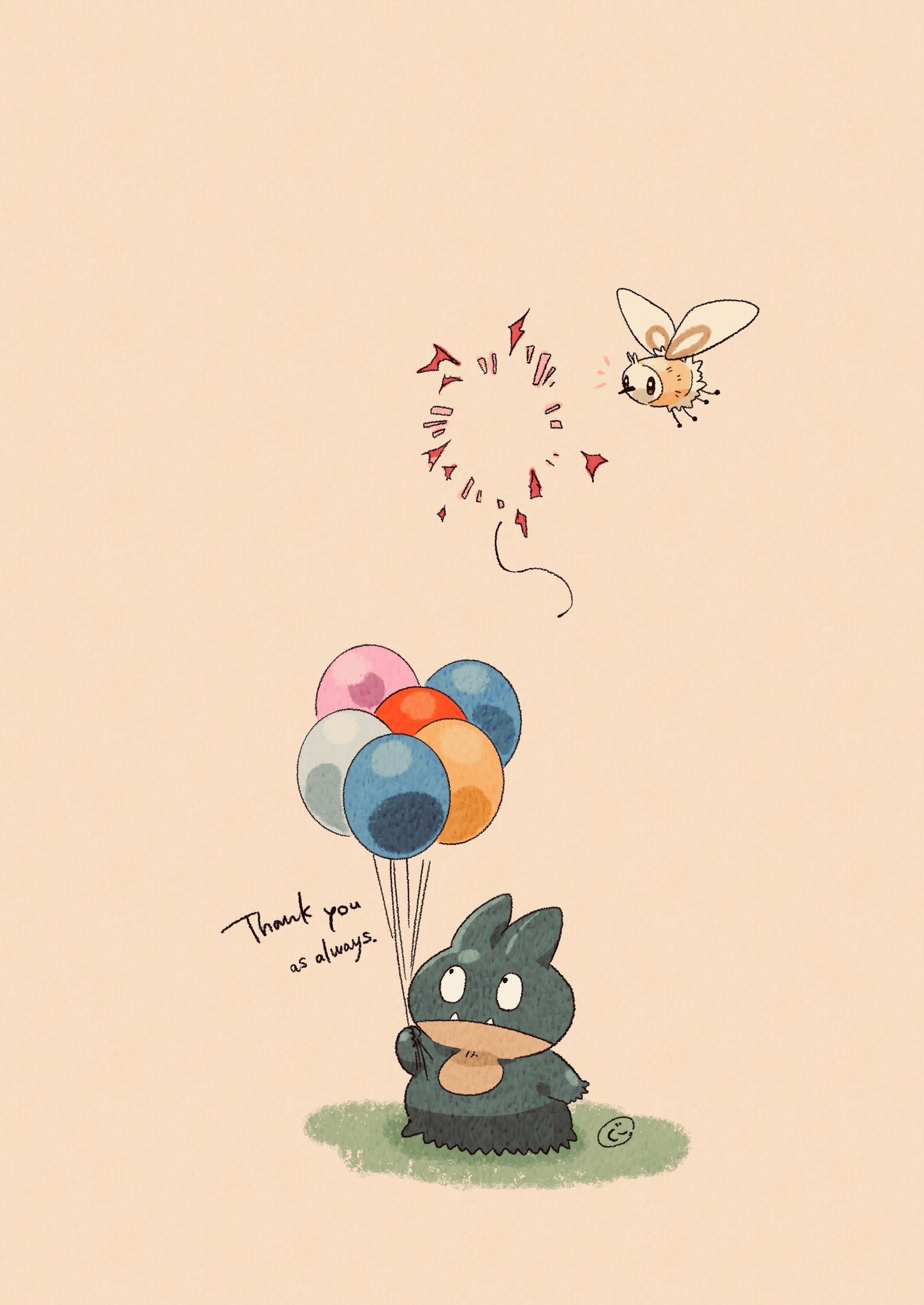 balloon, closed_mouth, commentary_request, cutiefly, english_text, fangs, floating, highres