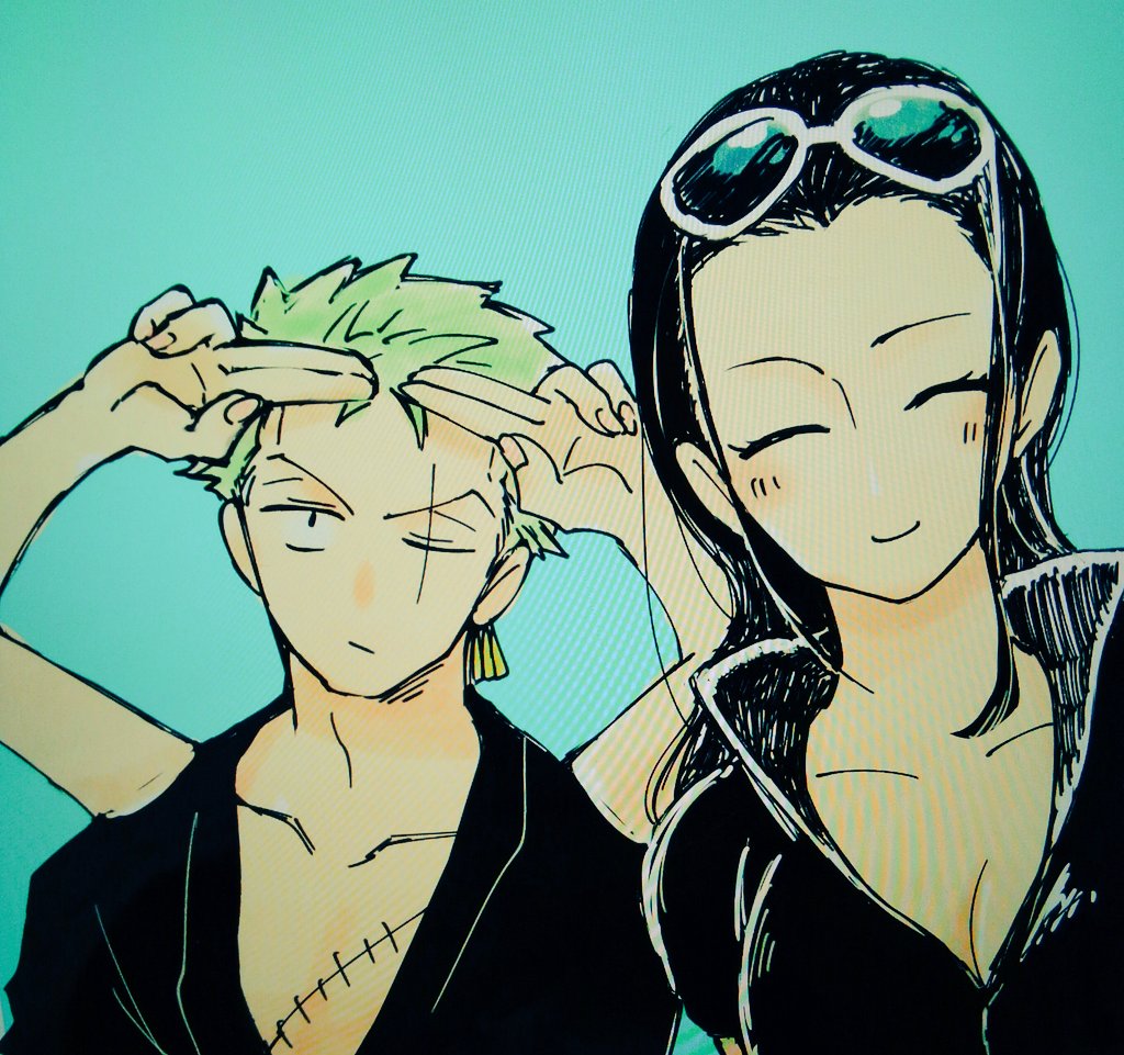 1boy, 1girl, black_hair, black_kimono, blue_background, blush, closed_eyes, earrings, english_commentary, extra_arms, eyewear_on_head, green_hair, japanese_clothes, jewelry, kimono, looking_at_viewer, nico_robin, niwatori_bosori, one_piece, roronoa_zoro, scar, scar_across_eye, scar_on_chest, sidelocks, taiyonohigaci, v-shaped_eyebrows