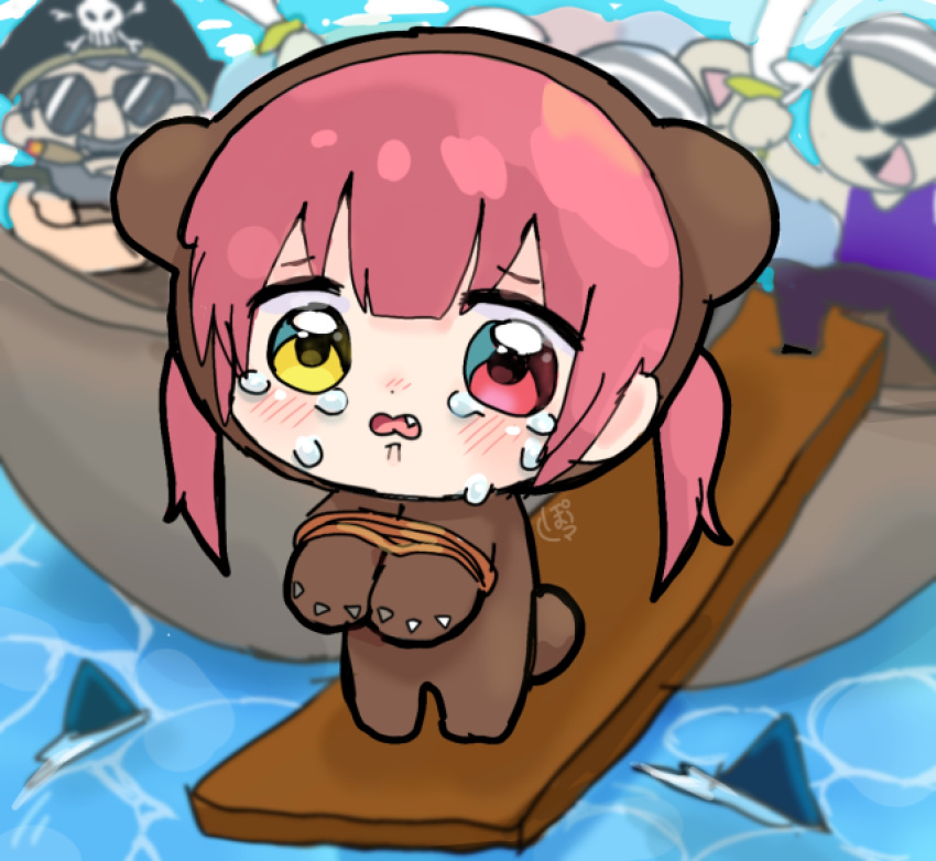 1girl, blush, bound, bound_arms, chibi, crying, fang, heterochromia, hololive, houshou_kumarine, houshou_marine, long_hair, maposuke, pirate, plank, red_eyes, redhead, shark_fin, ship, signature, walking_the_plank, watercraft, yellow_eyes
